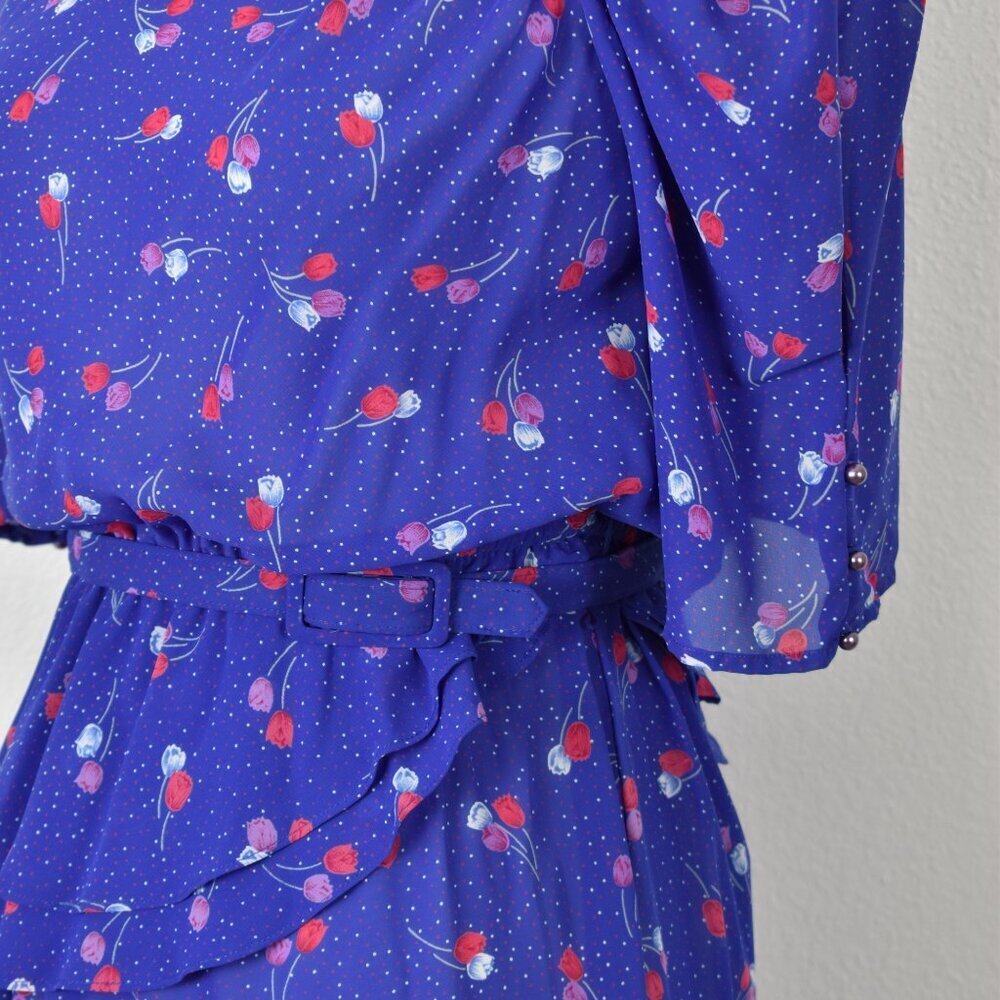 80's Vintage Floral Belted Peplum Formal Dress - 4 - Picture 4 of 13